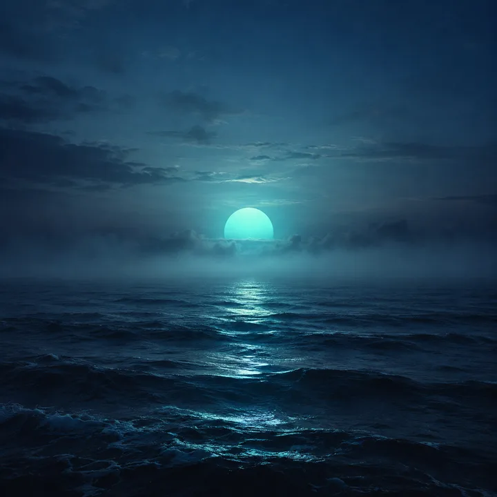 Turquoise moon above the ocean