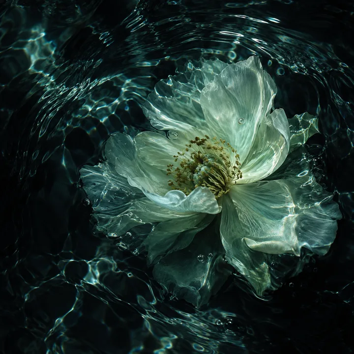 Pale flower beneath dark water