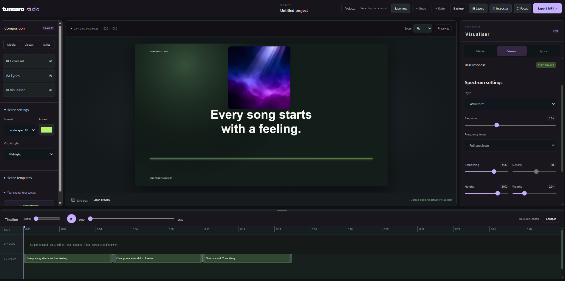 Tunearo Studio editor showing a lyric visualiser project